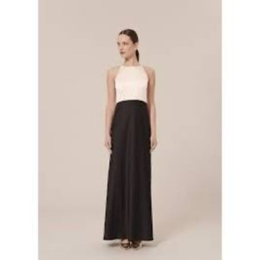 Halston Women’s Size 6 Sleeveless High Neck Maxi Dress Black Cream Side Zip